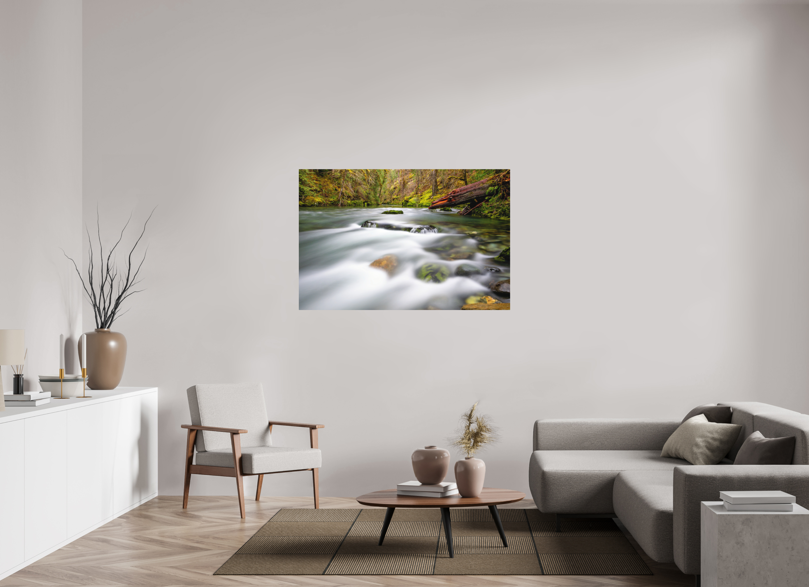 54 x 36″, Direct Print on Aluminum with mounting hardware included. River Rocks