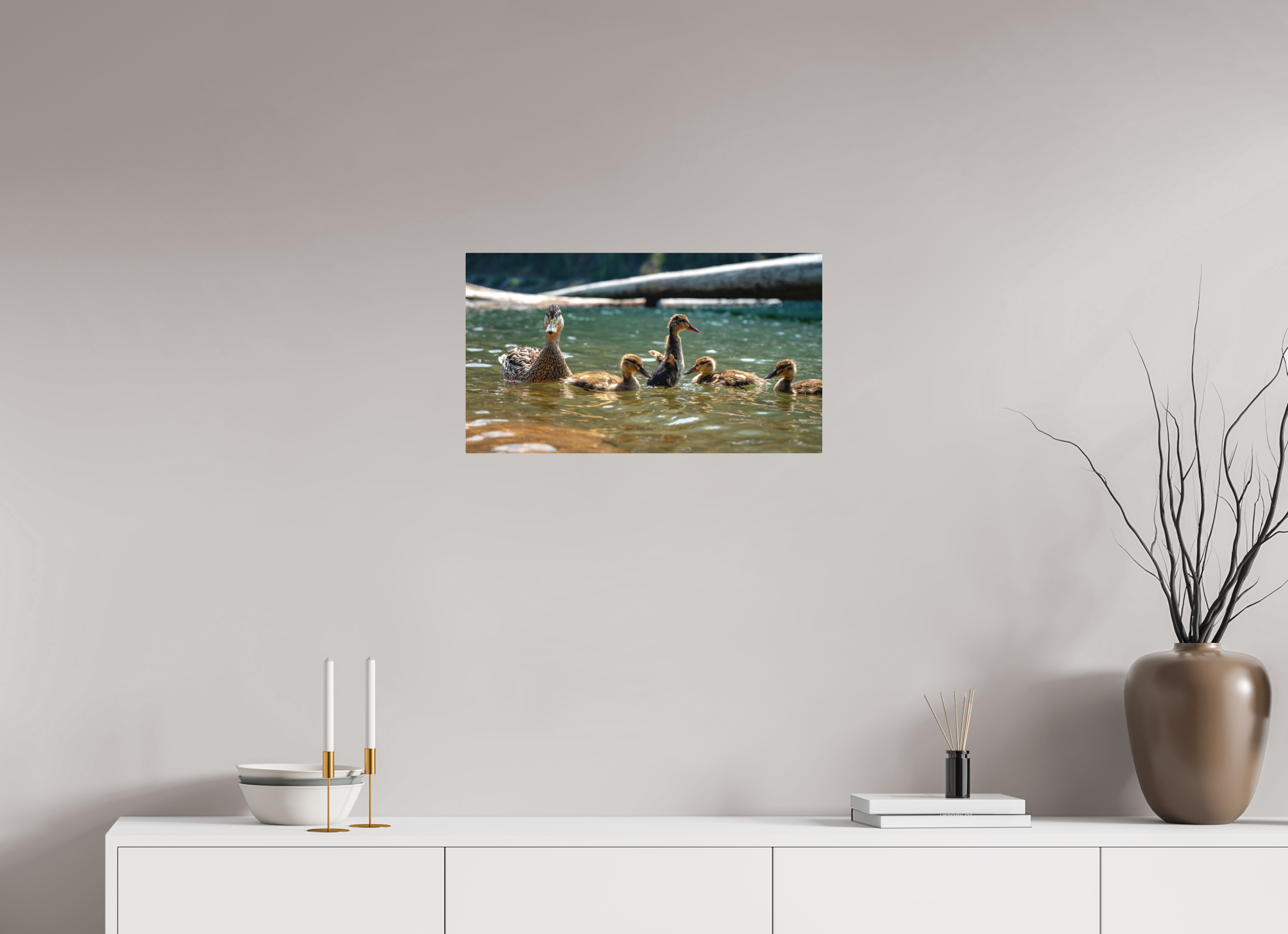 24 x 13.5″, Direct Print on Aluminum with mounting hardware included. Ducklings These Days.