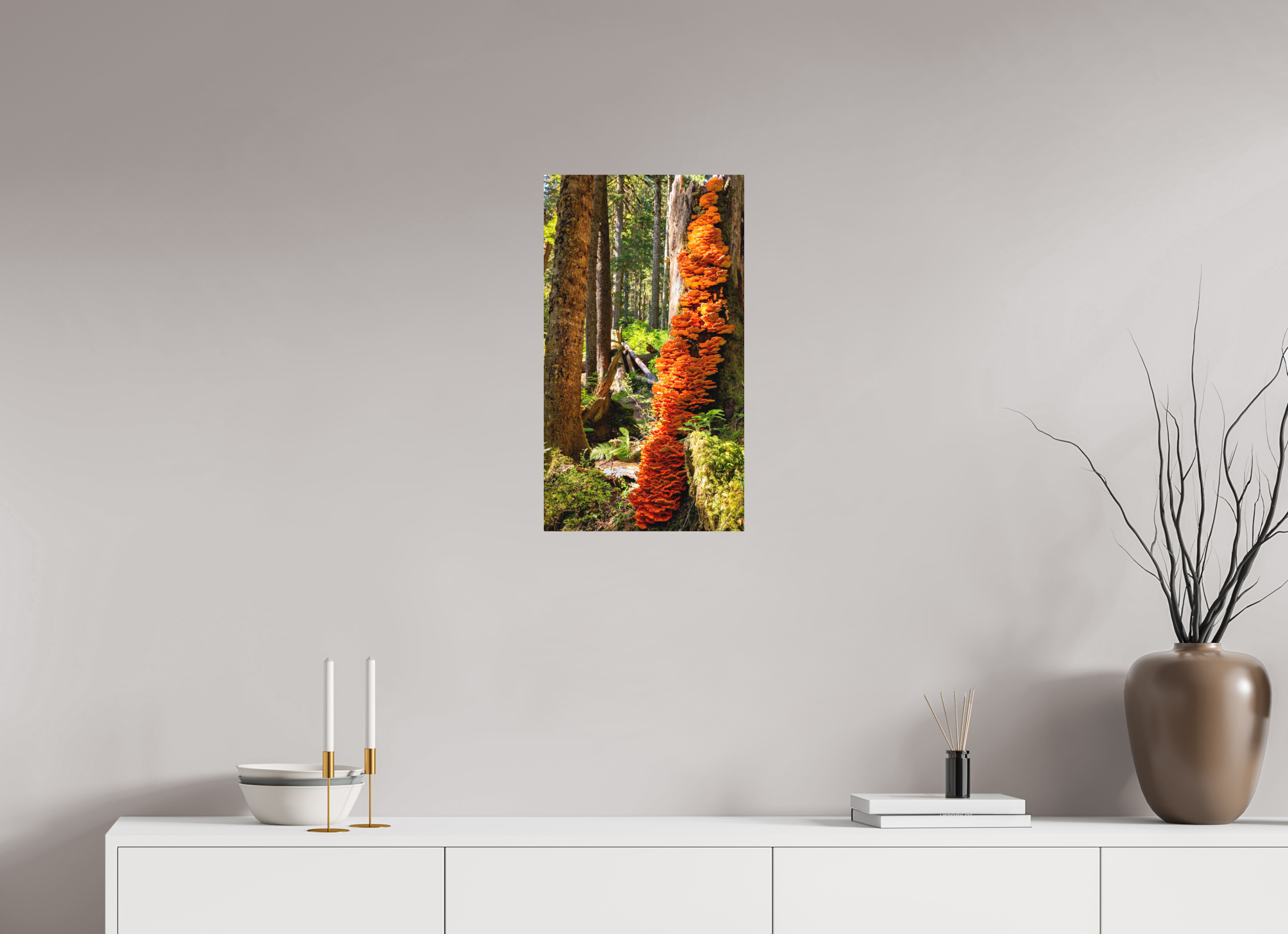 13.5 x 24″, Direct Print on Aluminum with mounting hardware included. Flaming Stump