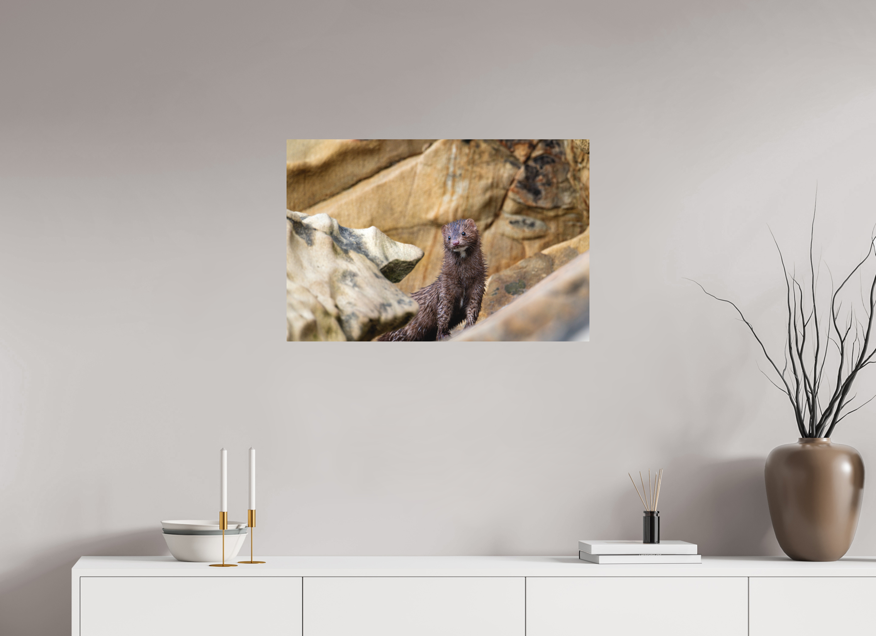 30 x 20″, Direct Print on Aluminum with mounting hardware included. Seaside Mink