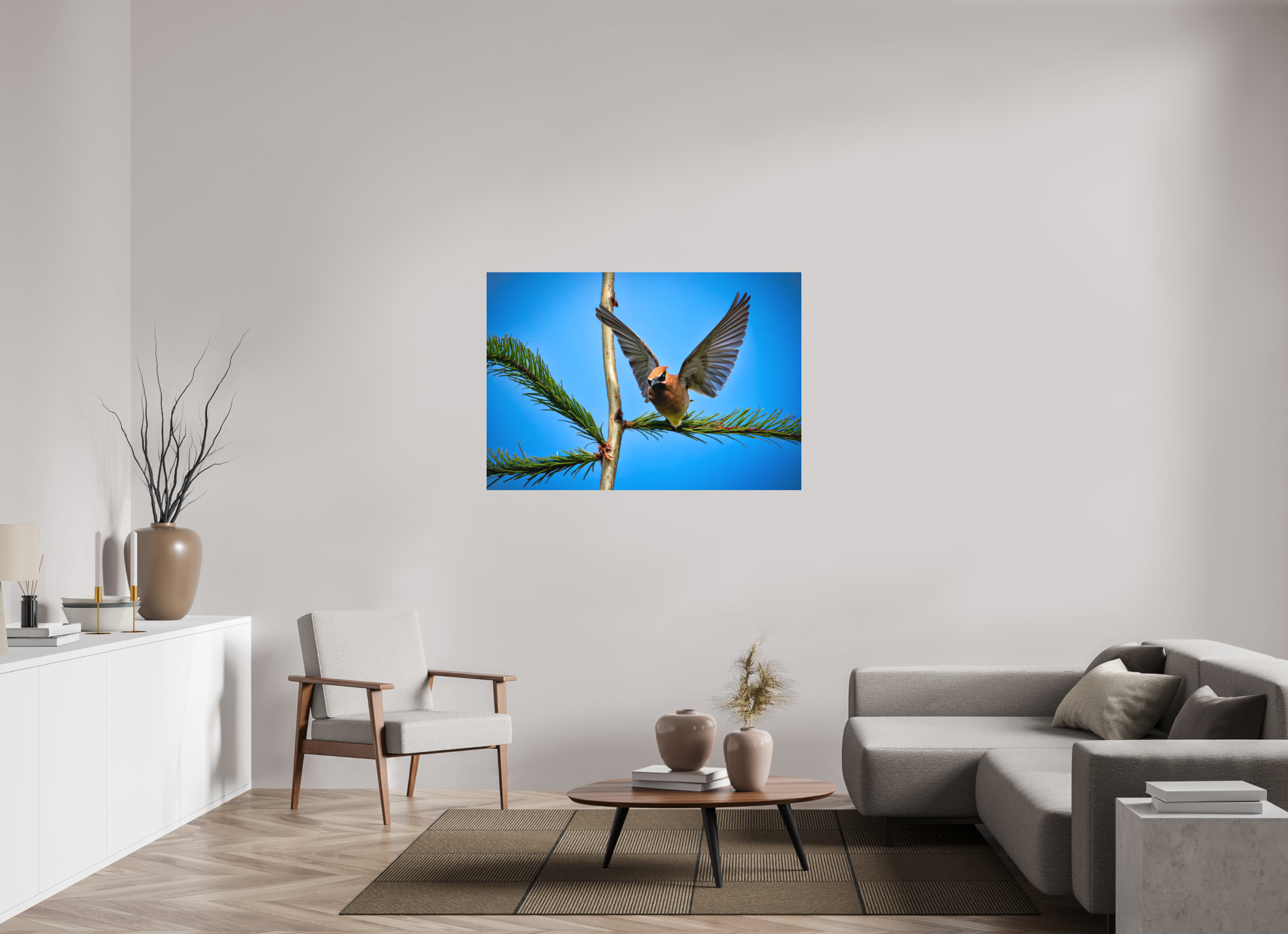 50.6 x 35″, Direct Print on Aluminum with mounting hardware included. Wing of the Waxwing