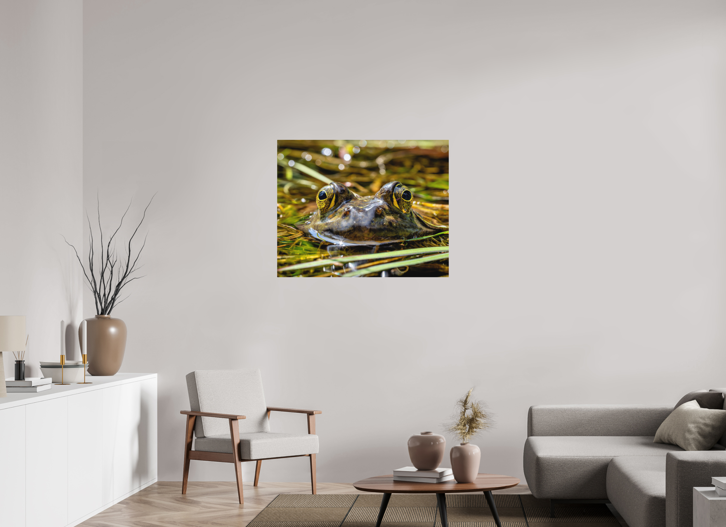 38.7 x 31″, Direct Print on Aluminum with mounting hardware included. Eyes of Frog